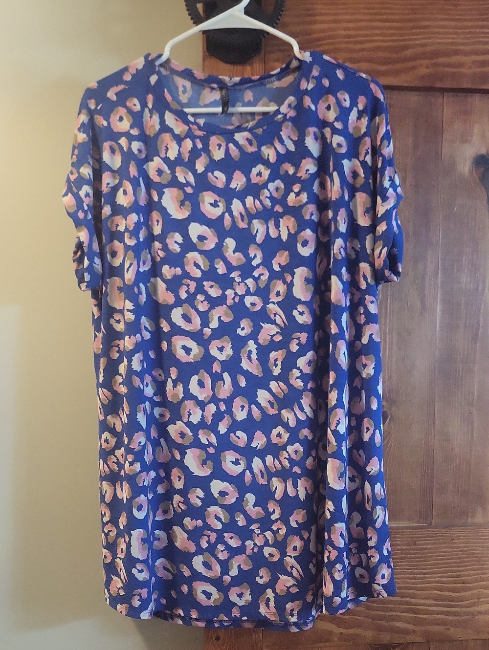 Leopard-Print Short Sleeve Tunic in Royal Blue with Pink Accents